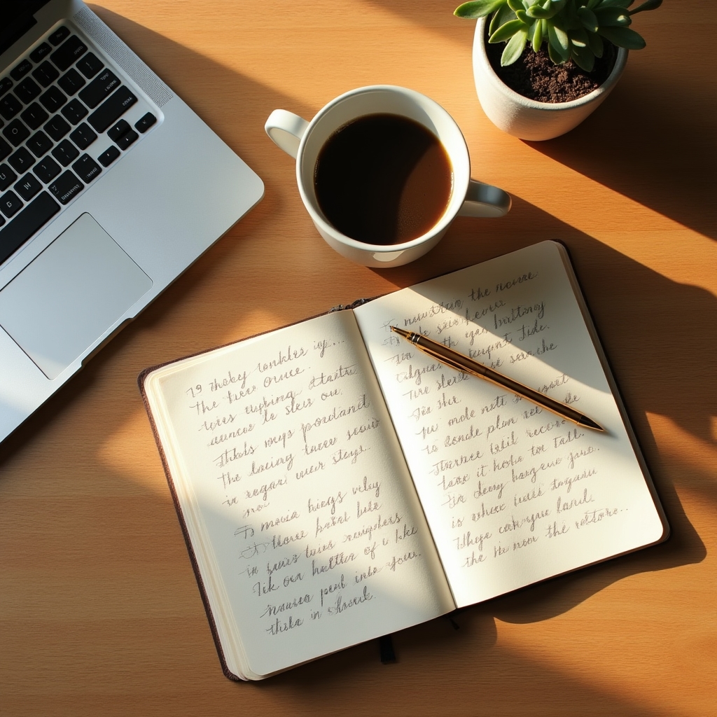 Flat lay of a notebook, coffee cup, and laptop showing newsletter subject line drafts