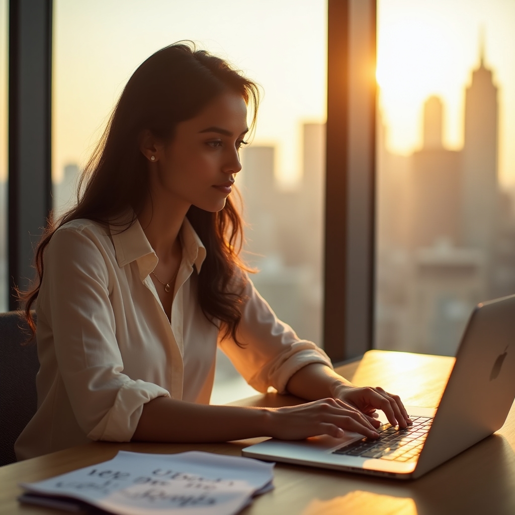 Writer drafting a niche newsletter issue at a desk near large office windows