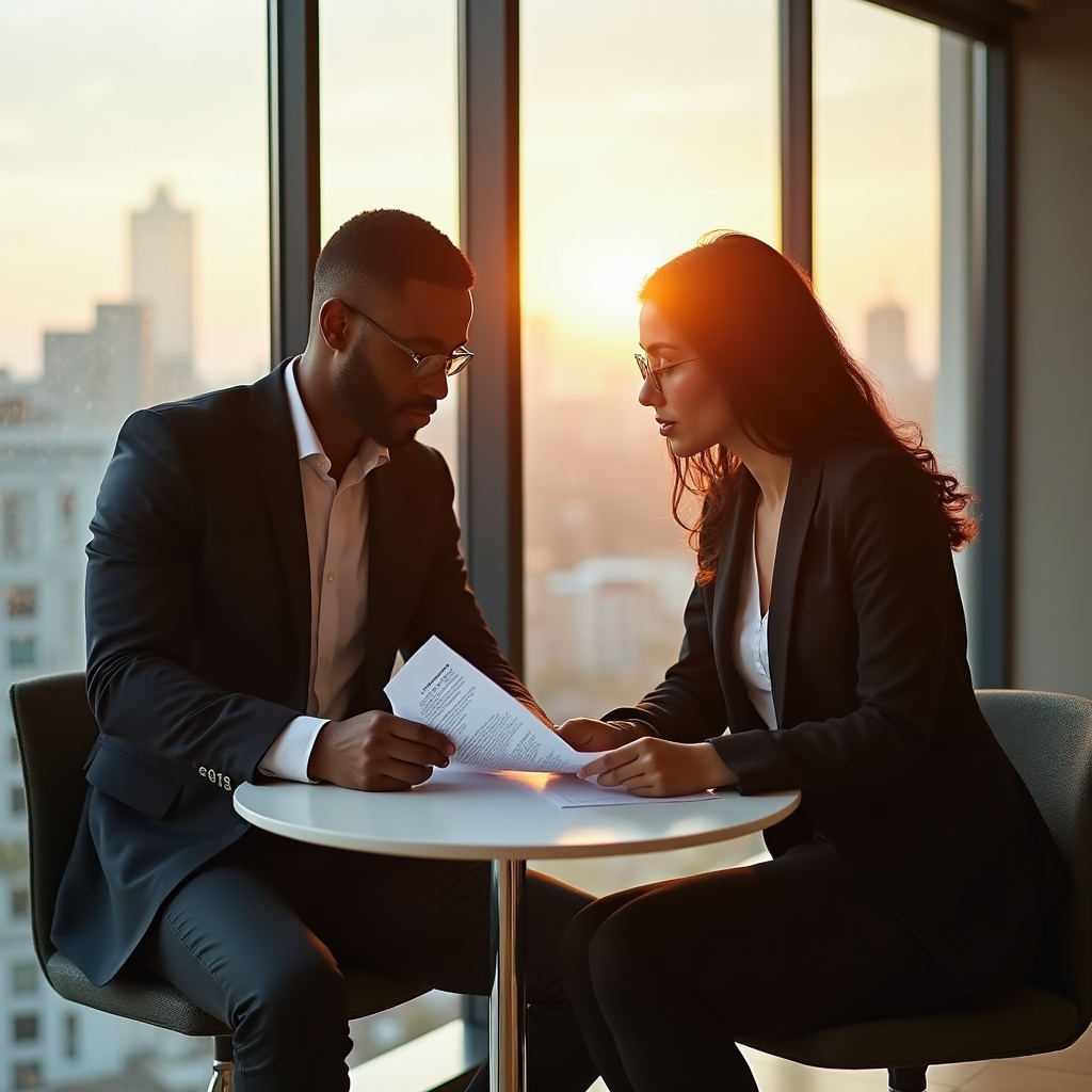 Two professionals reviewing a sponsorship proposal document at a table