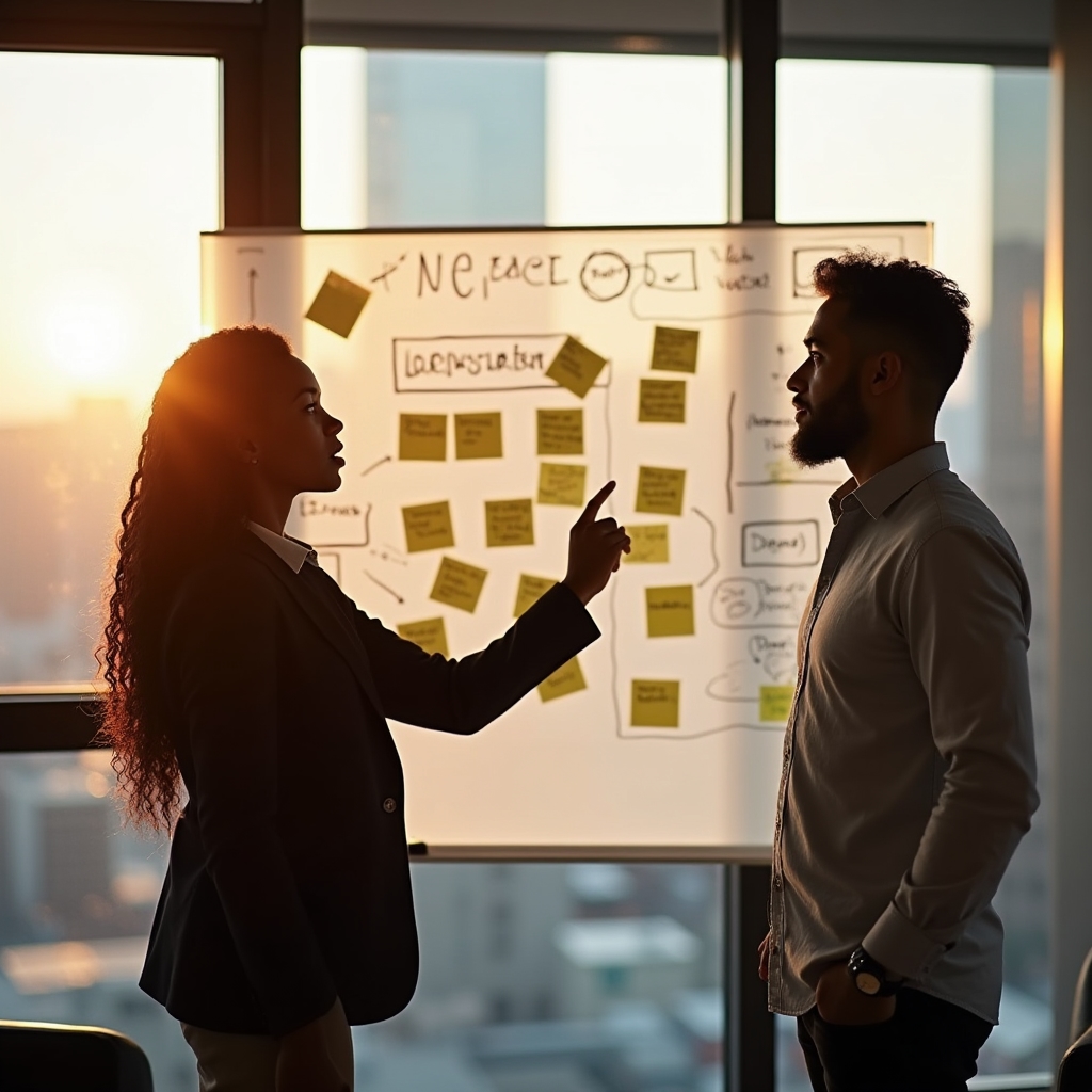 Two instructors reviewing niche topic research notes on a whiteboard in a glass-walled office